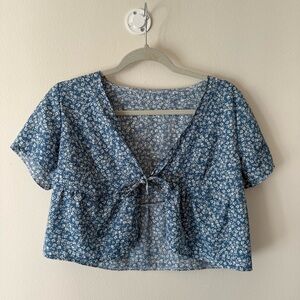 Blue Floral Tie-Front Blouse